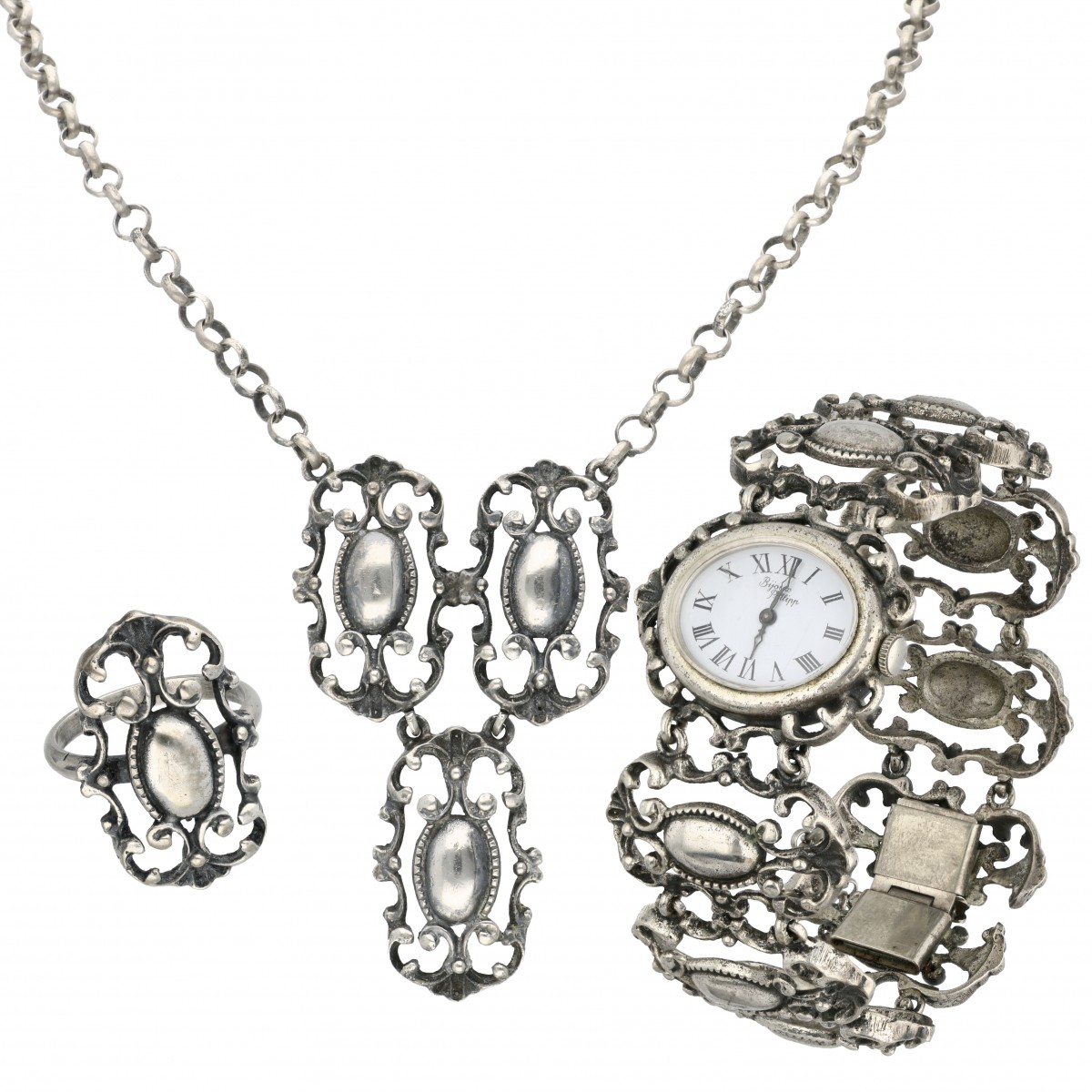 Set van zilveren dames polshorloge, ring en collier - 835/1000.