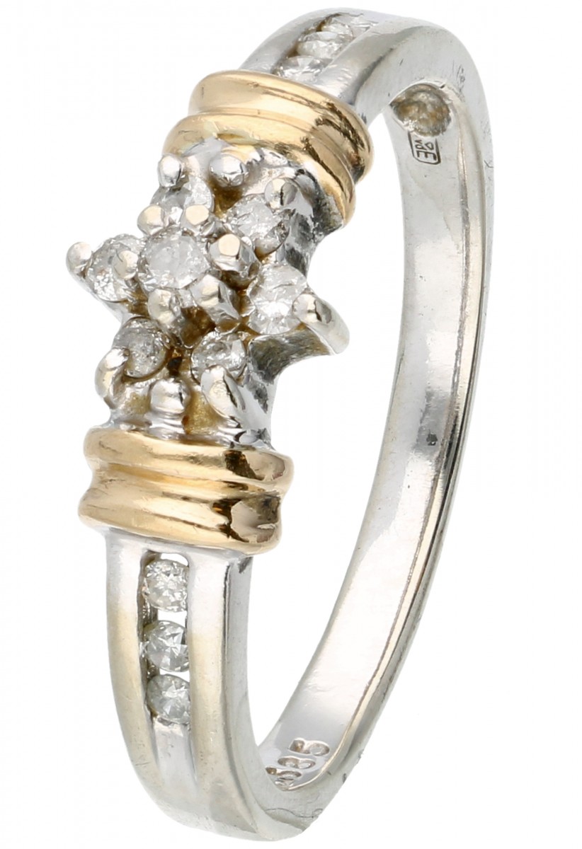 14 kt. Bicolor gouden shoulder ring bezet met ca. 0.15 ct. diamant.