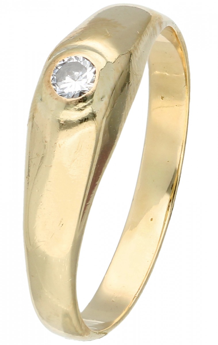 14 kt. Geelgouden solitair ring bezet met ca. 0.06 ct. diamant.