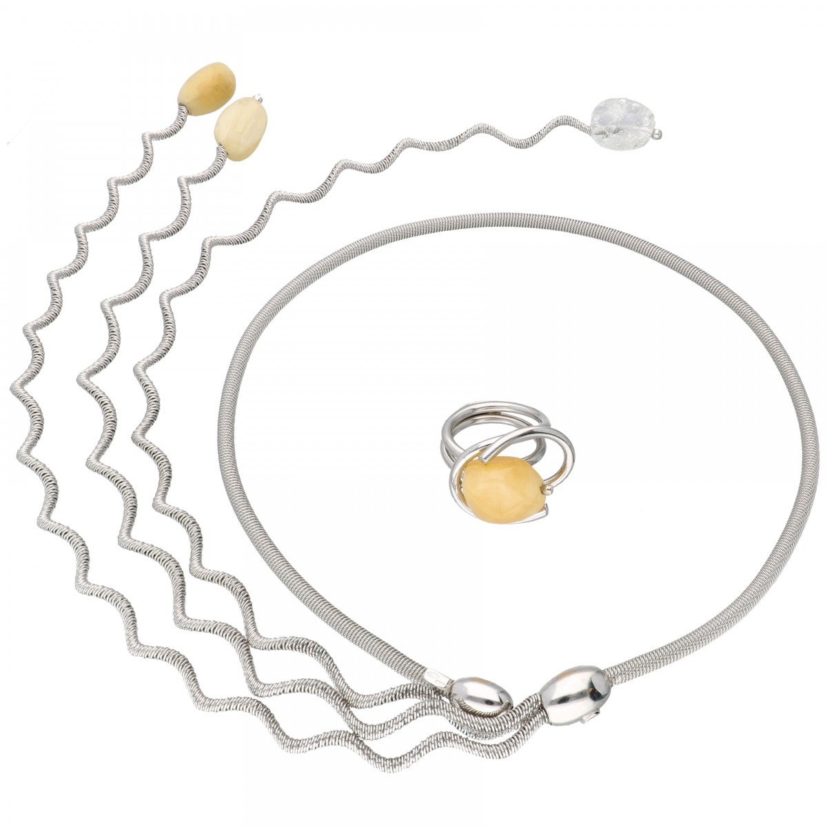 Set van zilveren Luí ro Italiaans design flexibel collier en ring bezet met kwarts - 925/1000.