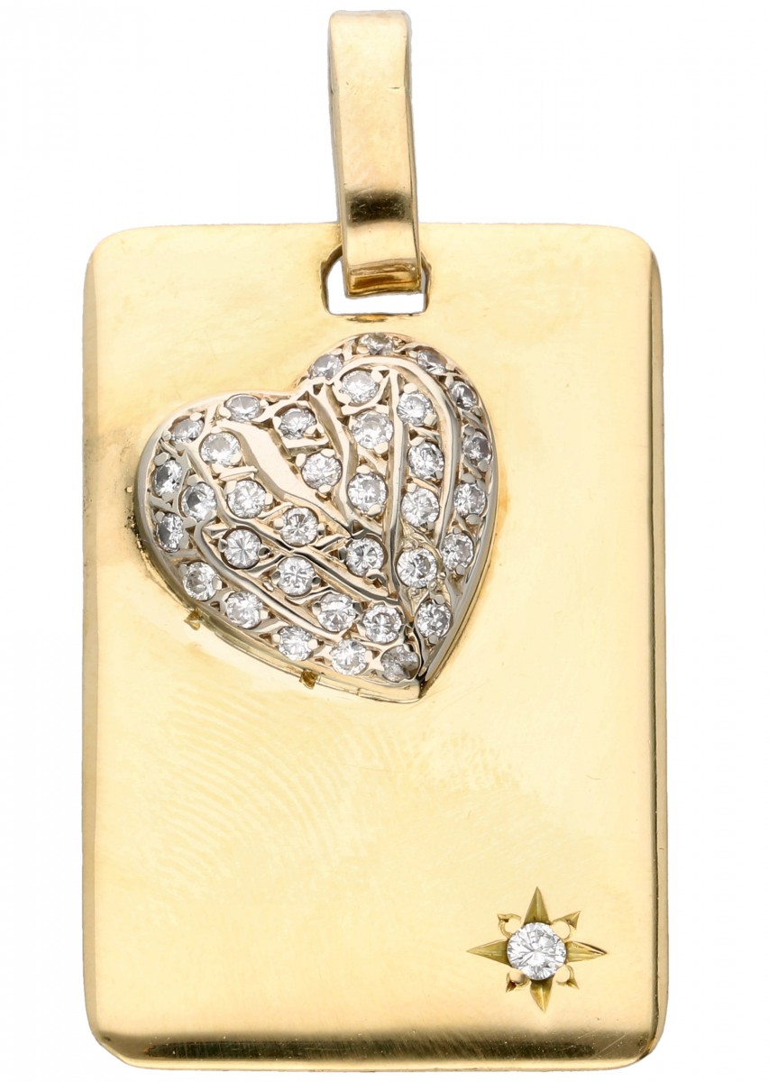 14 kt. Geelgouden vintage hanger met witgouden hart bezet met ca. 0.38 ct. diamant.