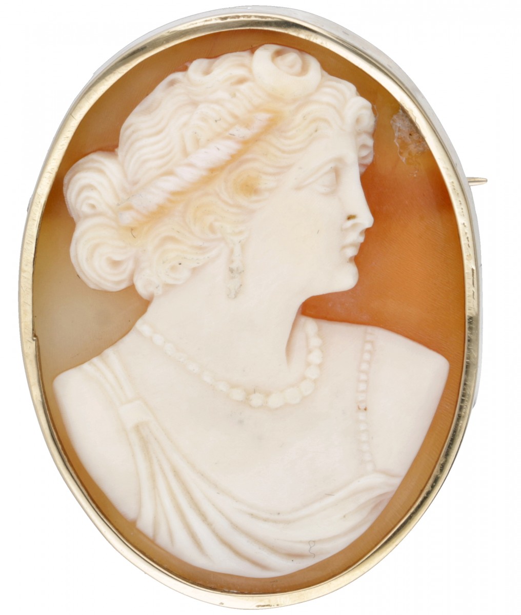 Vintage schelpcamee broche in een BWG 10 kt. geelgouden montuur.