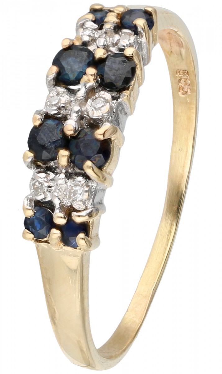 Geelgouden dubbele rijring bezet met diamant en natuurlijke saffier - 14 kt.