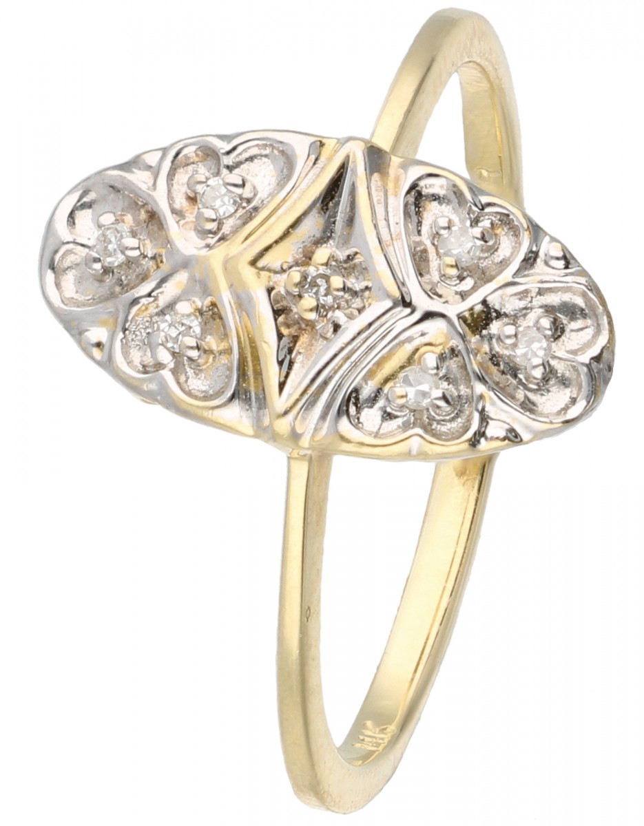 Bicolor gouden ovale ring bezet met ca. 0.04 ct. diamant - 14 kt.