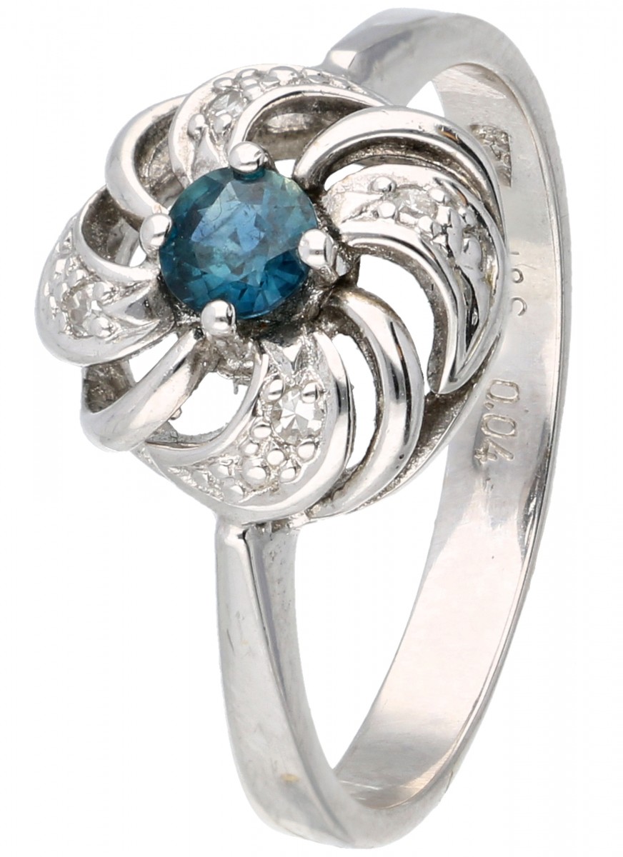 Witgouden opengewerkte ring bezet met diamant en natuurlijke saffier - 14 kt.