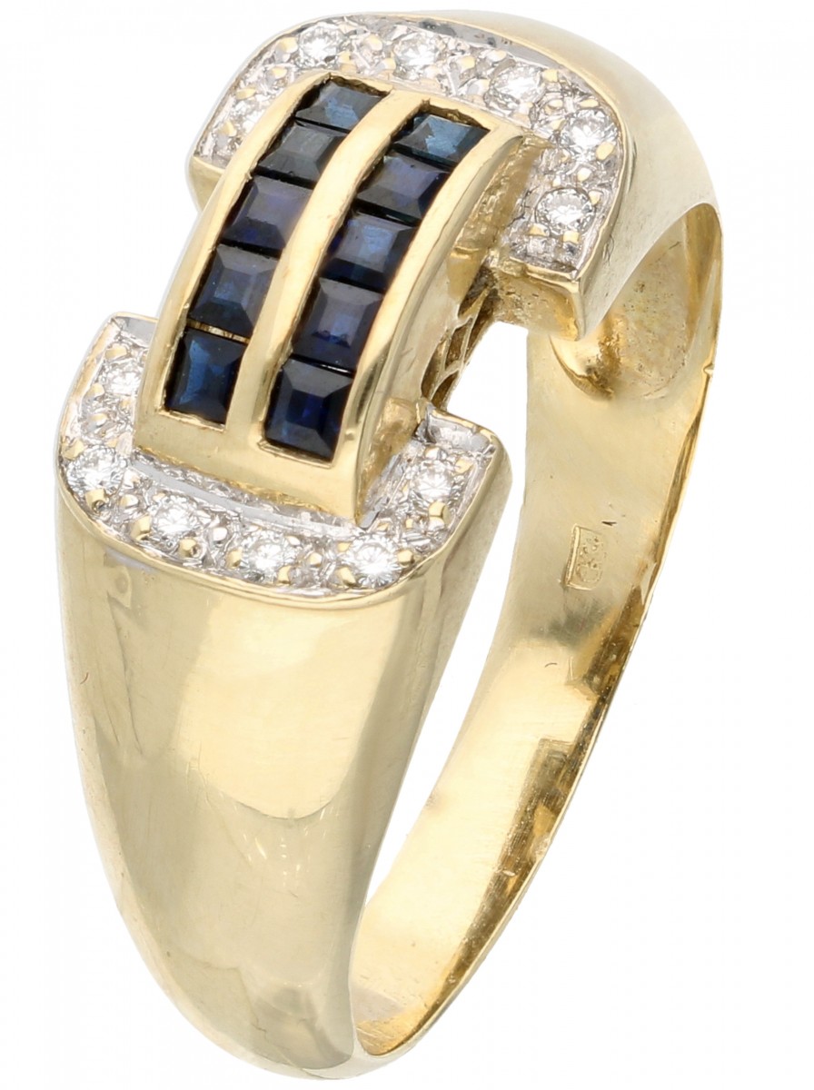 Geelgouden ring bezet met ca. 0.06 ct. diamant en natuurlijke saffier - 14 kt.