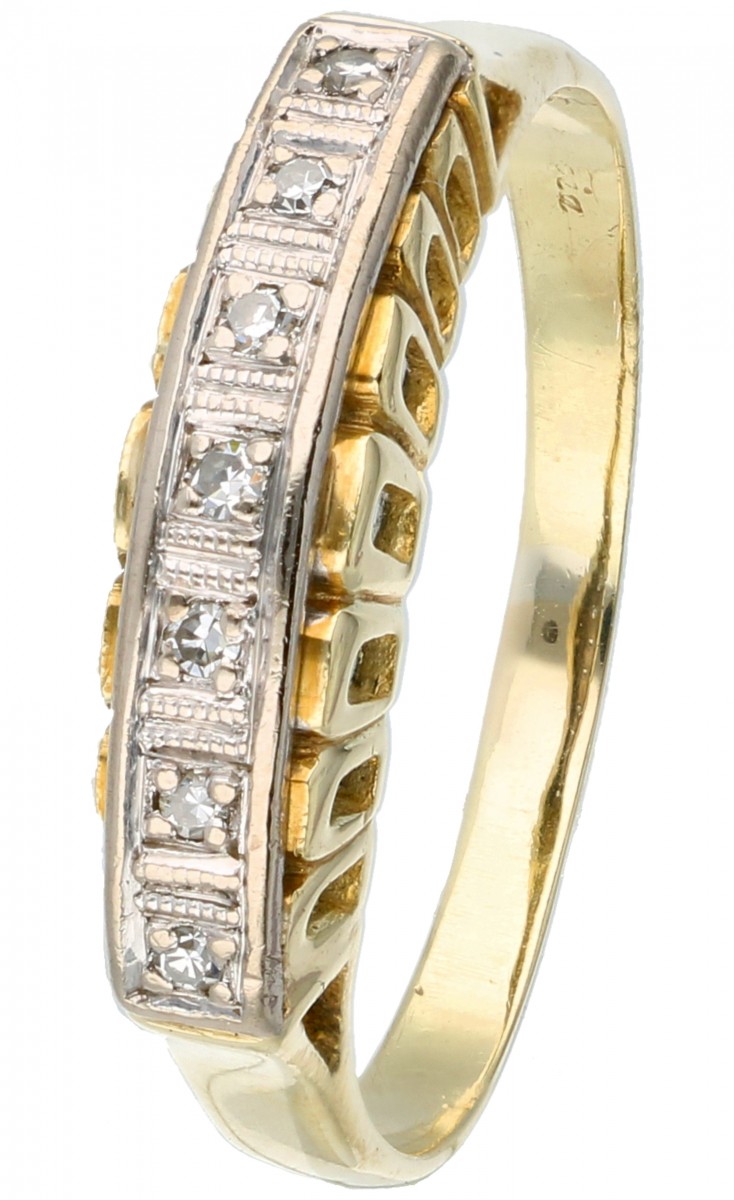 Geelgouden Art Deco-stijl rijring bezet met ca. 0.07 ct. diamant - 14 kt.