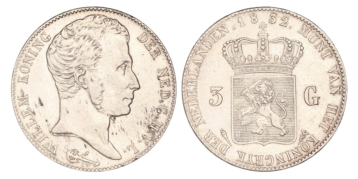 3 Gulden Willem I 1832/24. Zeer fraai +.