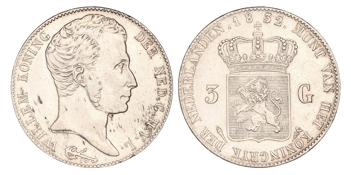 3 Gulden Willem I 1832/24. Zeer fraai +.