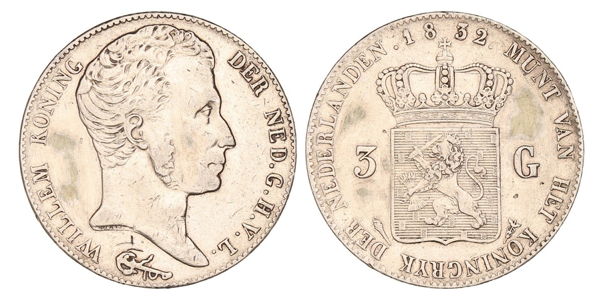 3 Gulden Willem I 1832/24. Zeer fraai -.