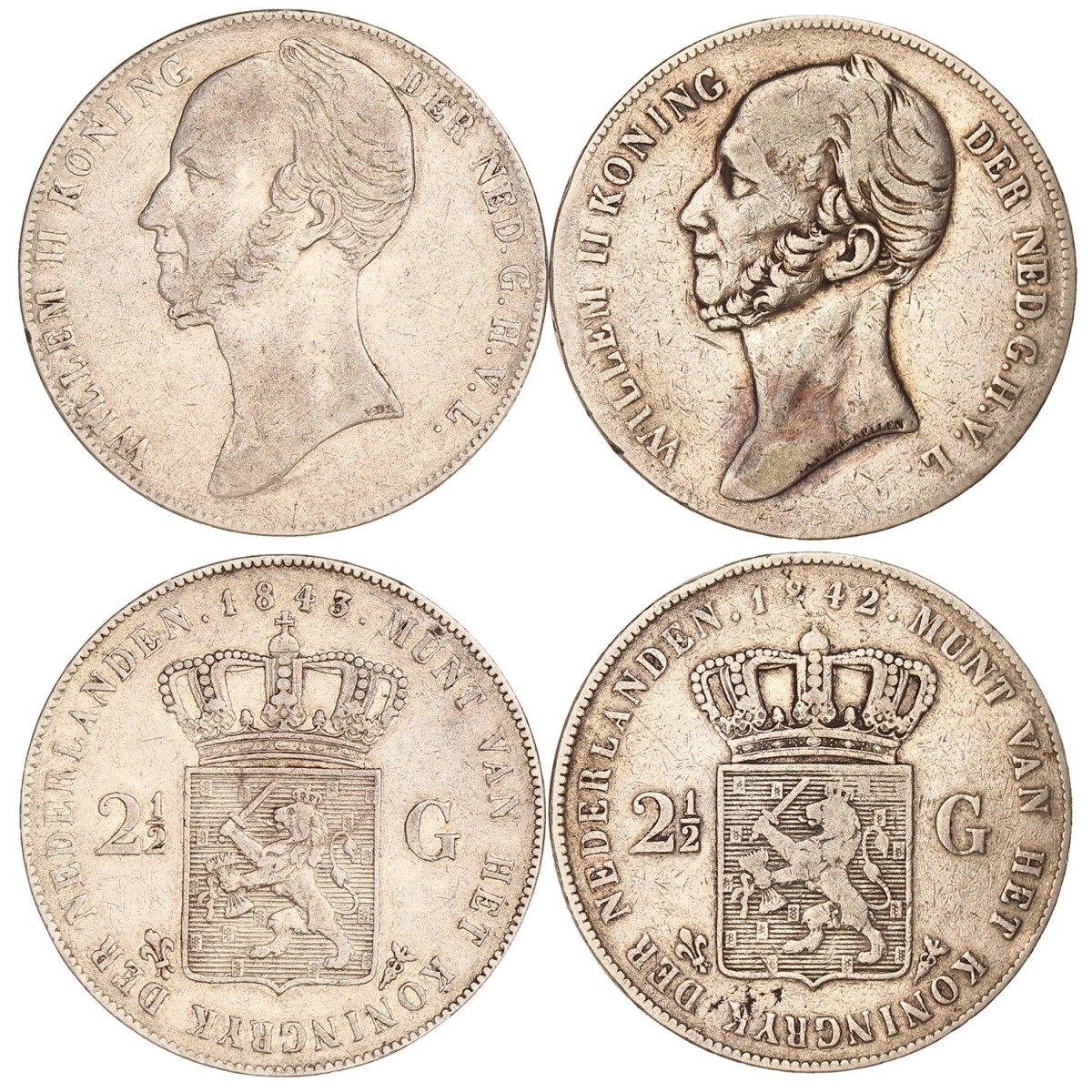 Lot (2) 2½ Gulden Willem II 1842 en 1843. Gemiddeld Fraai.