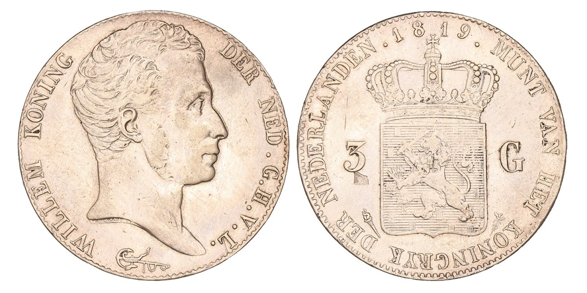 3 Gulden Willem I 1819 U. Zeer fraai +.