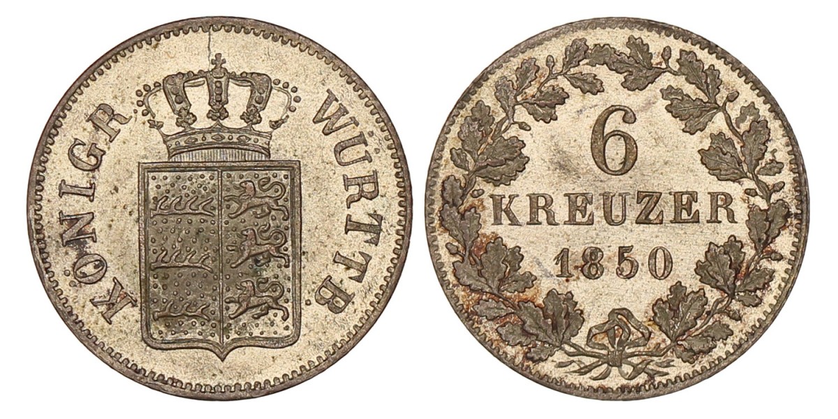 German states. Württemberg. Wilhelm I. 6 kreuzer. 1850.