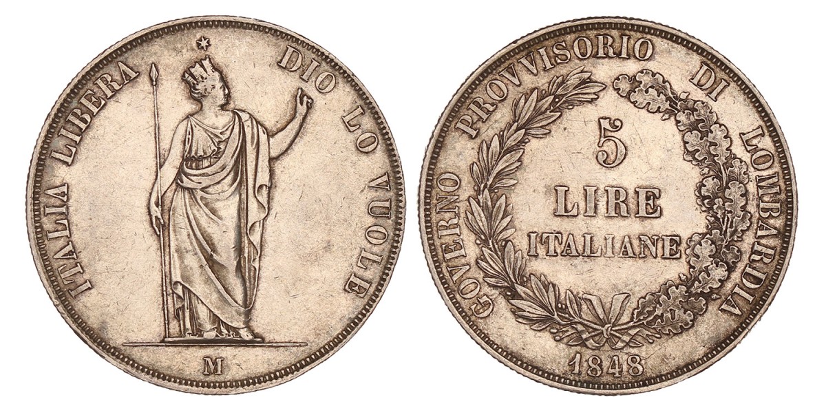 Italian states. Lombardy. Provisional Government. 5 Lire. 1848 M.