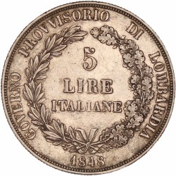 Italian states. Lombardy. Provisional Government. 5 Lire. 1848 M.