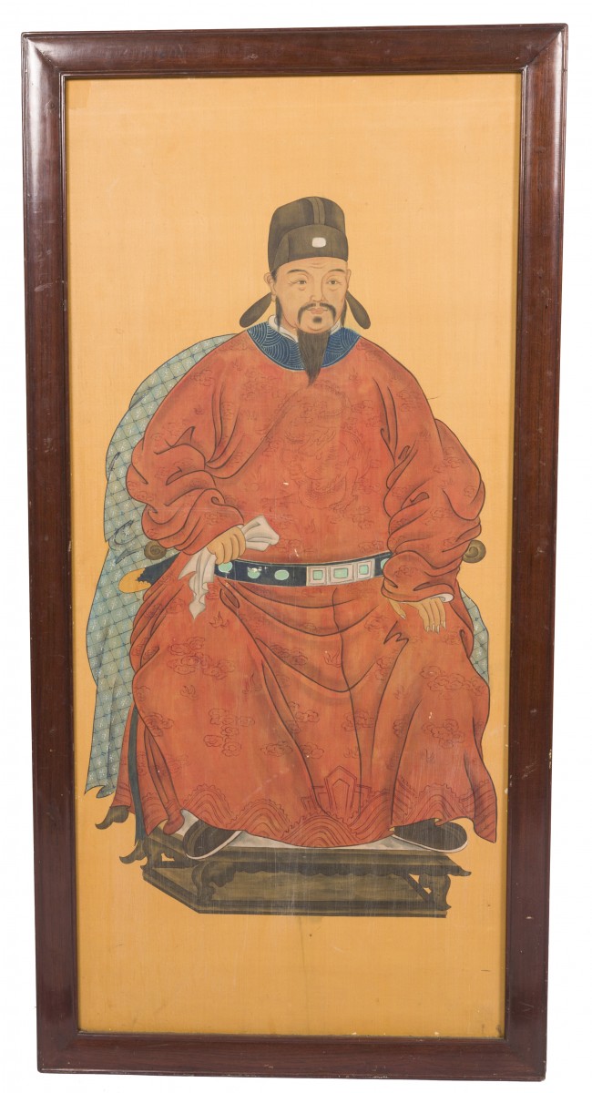 Een schildering op paneel van een ambtenaar, China, 2e helft 20e eeuw.