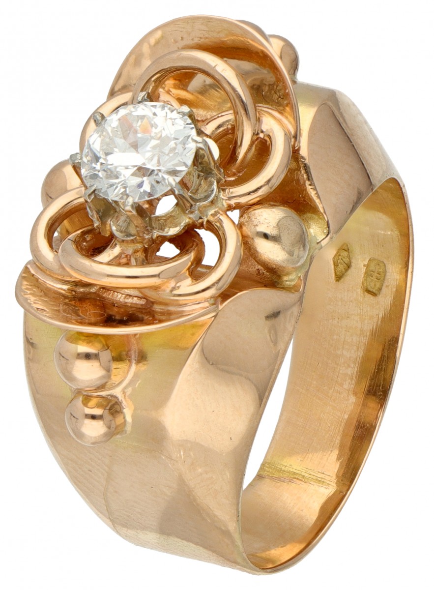Rosegouden Art Nouveau tank ring bezet met ca. 0.56 ct. diamant - 18 kt.