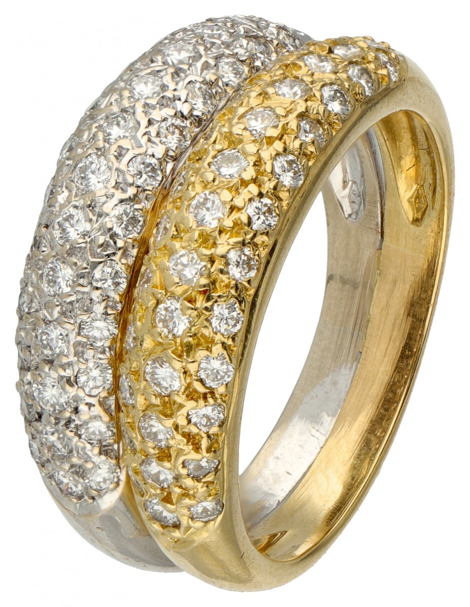 Bicolor gouden dubbele pavé ring bezet met ca. 1.00 ct. diamant - 18 kt.