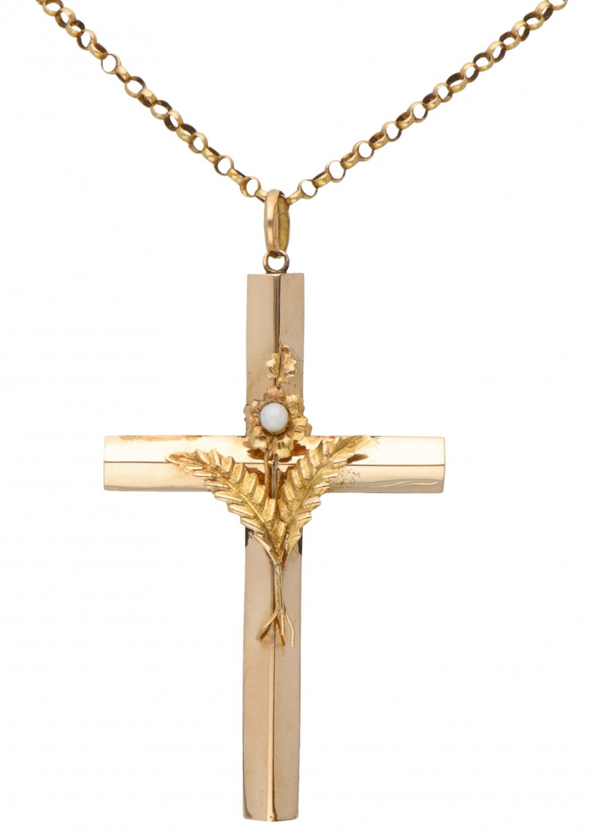 Roségouden collier en religieuze kruisvormige hanger met bloem - 14 kt.