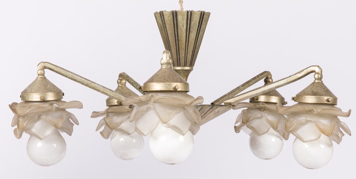 Een roestvrij stalen Art Deco hanglamp, 1e helft 20e eeuw.