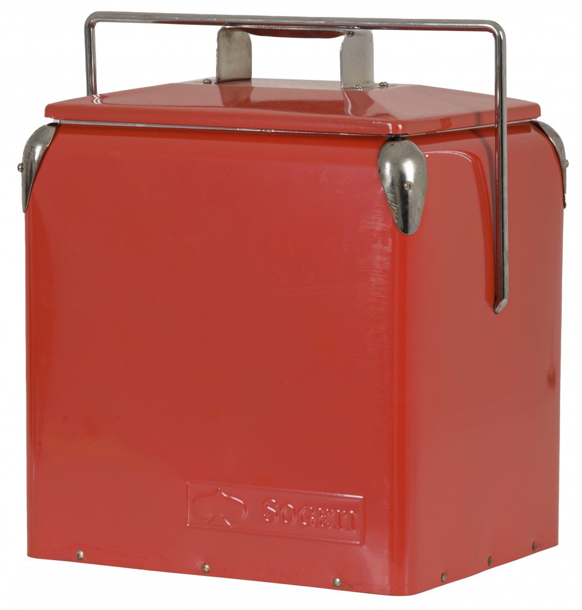 Een oranjerode koelbox van Sogeti, Italië, jaren '70.