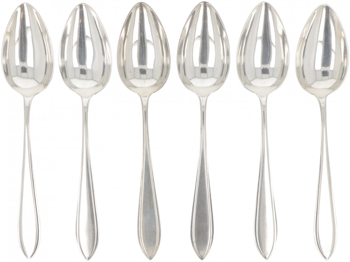 (6) delige set dinerlepels "Hollands Puntfilet" zilver.