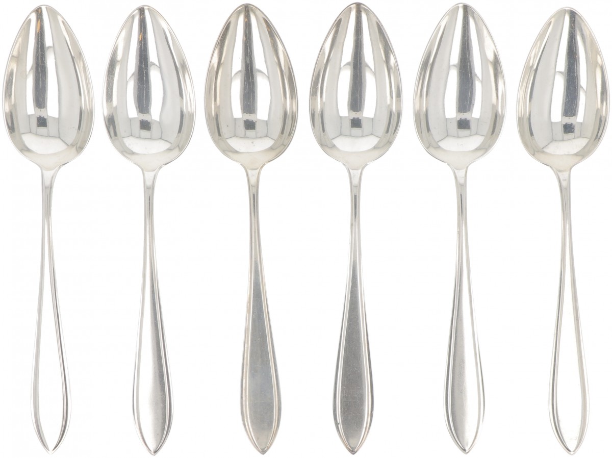 (6) delige set dinerlepels "Hollands Puntfilet" zilver.