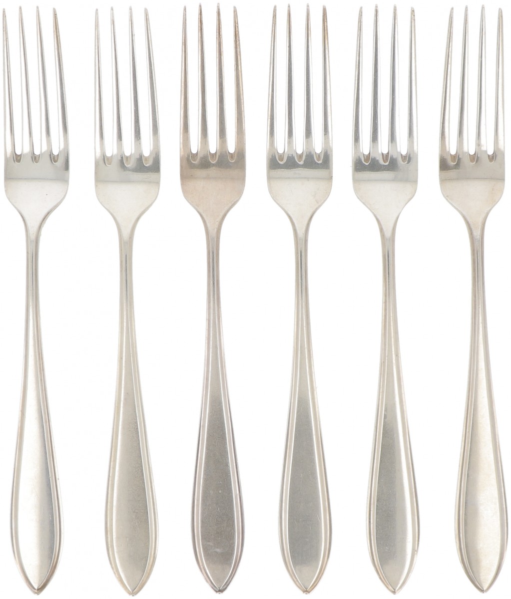 (6) delige set dinervorken "Hollands puntfilet" zilver.
