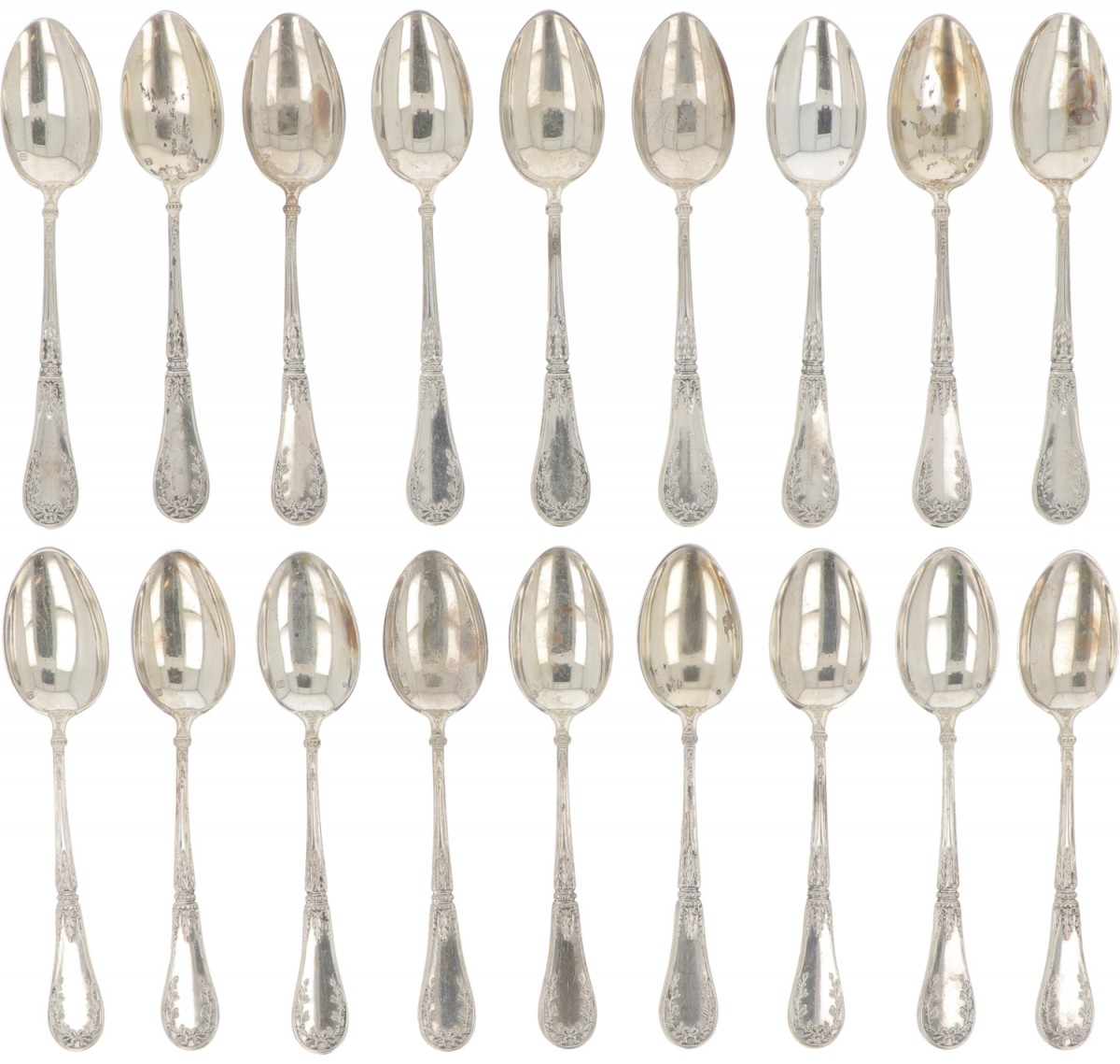 (18) delige set koffielepeltjes zilver.