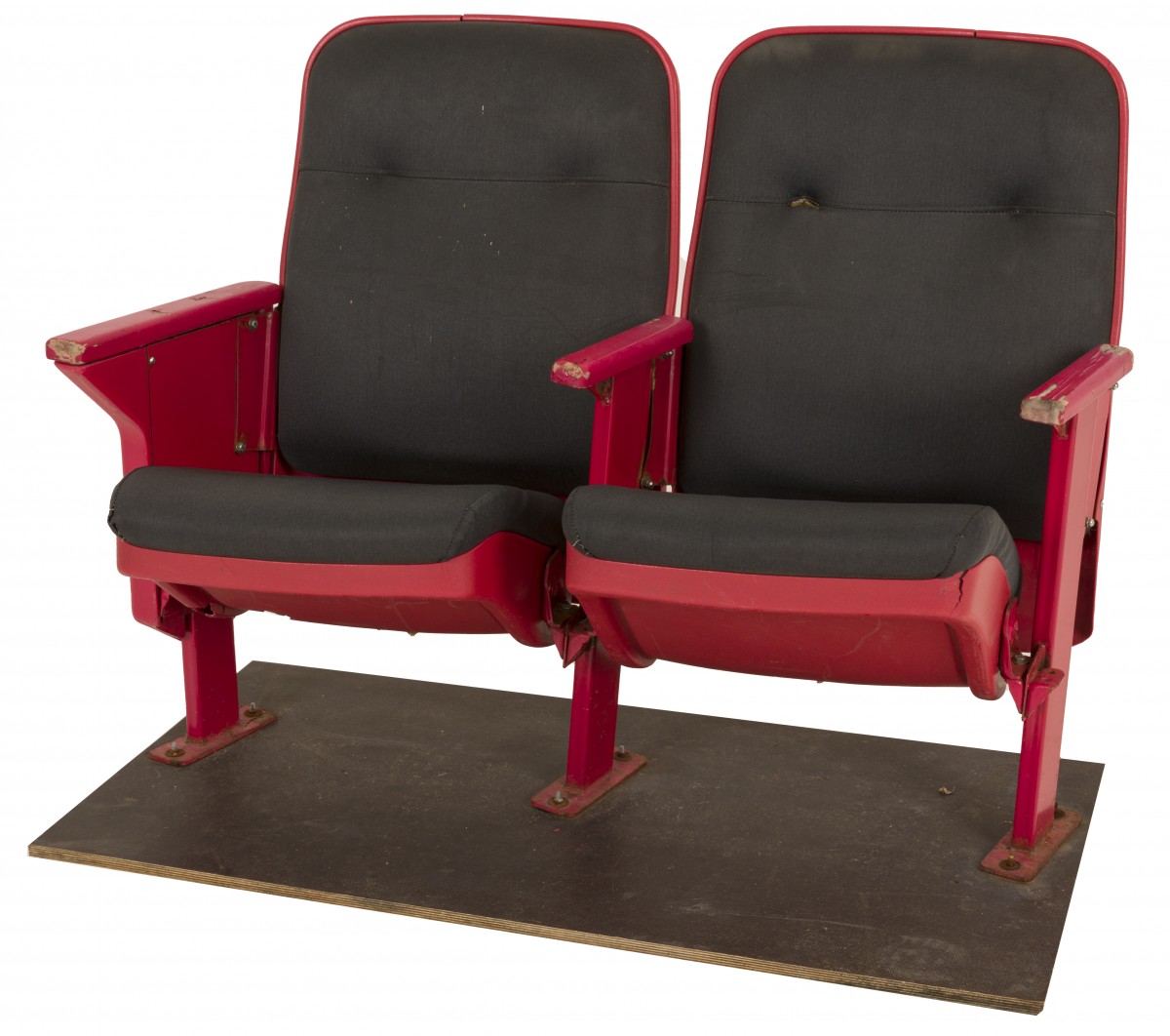 Twee stadionstoelen met klapzitting afkomstig uit Feyenoord stadion De Kuip, Holland, jaren '90.