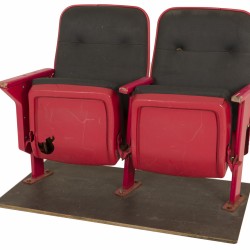 Twee stadionstoelen met klapzitting afkomstig uit Feyenoord stadion De Kuip, Holland, jaren '90.