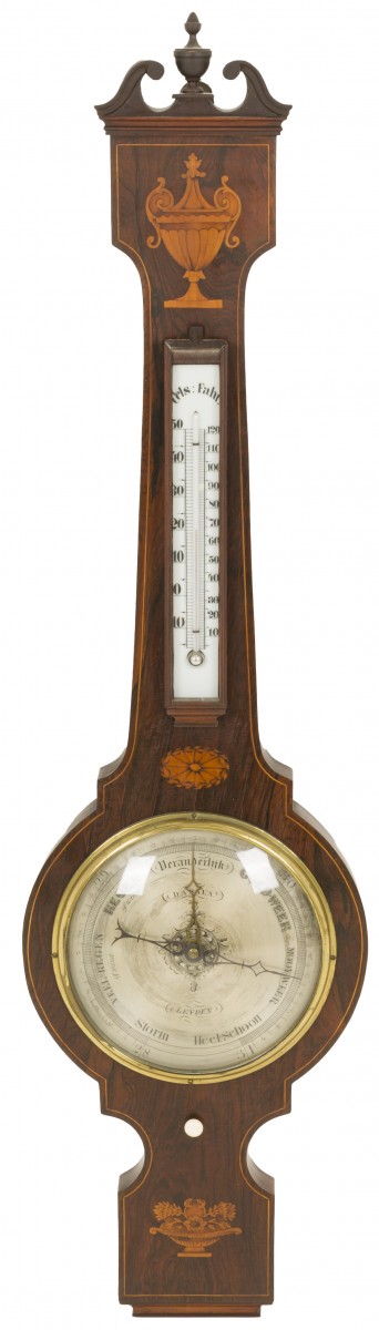 Een Louis XVI-stijl banjobarometer, met opschrift: D.A. Sala, Leyden, Holland, 20e eeuw.