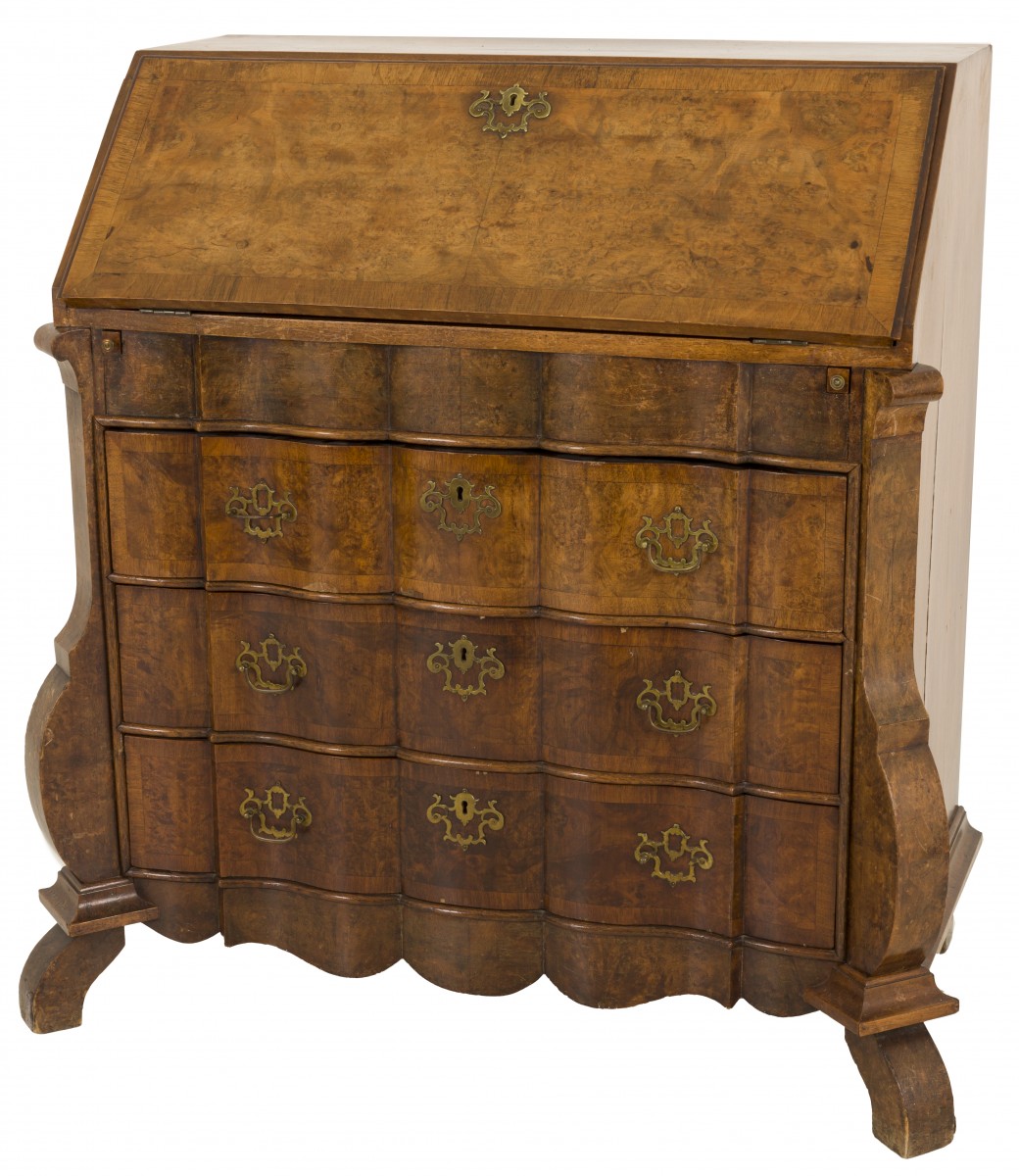 Een wortelnoten gefineerd houten klepsecretaire, Hollands, 19e eeuw.