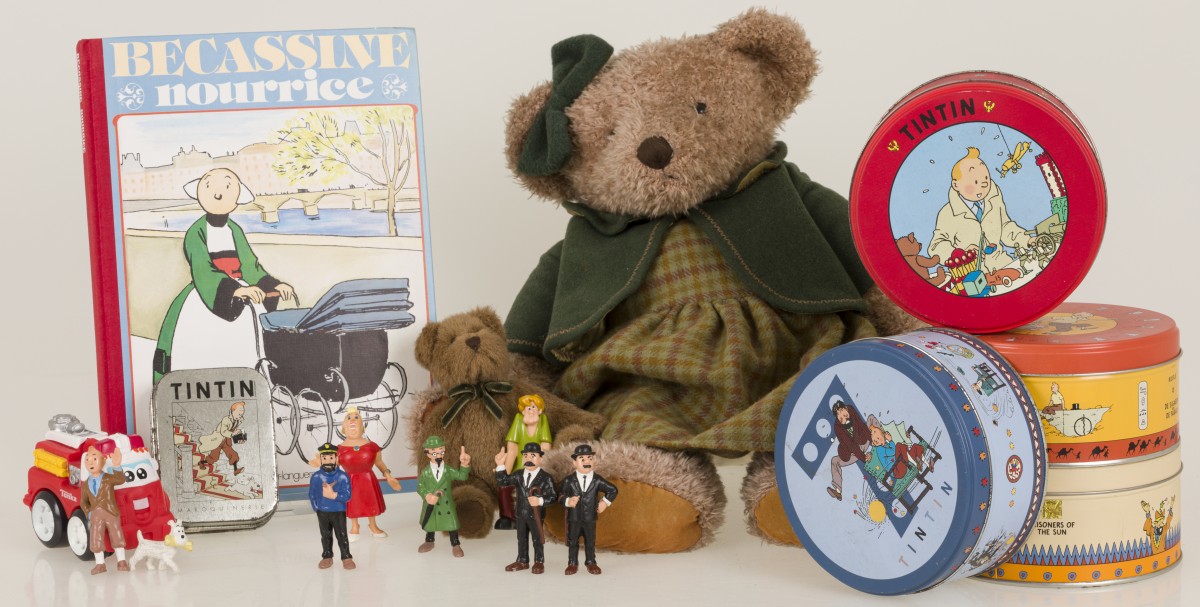 Een lot van (5) diverse Kuifje blikken, Kuifje figuren en een Vintage Russ Edition Teddy Beer, 20e eeuw.