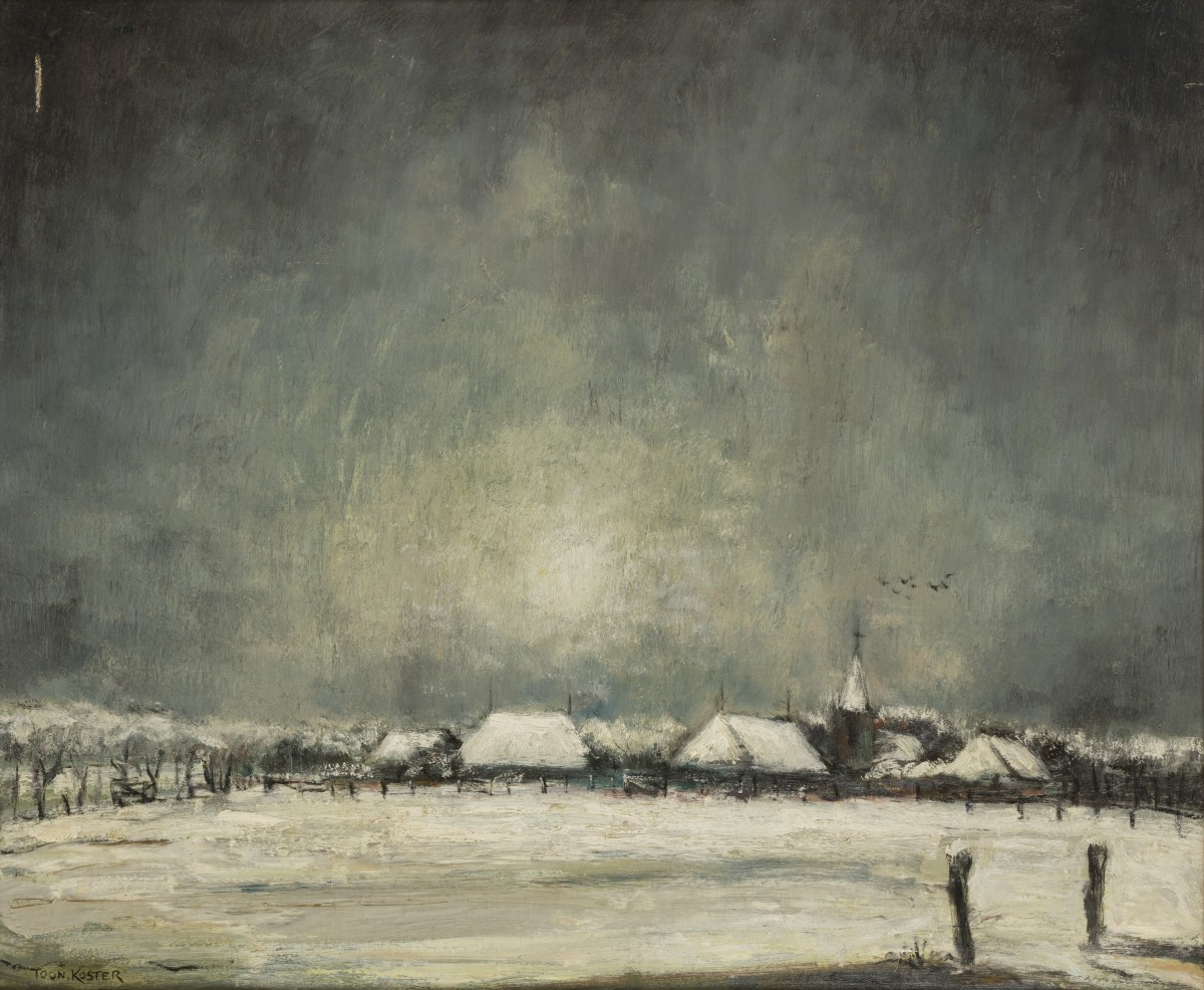 Toon Koster (Schiedam 1913 - 1989), Een winterlandschap bij avond.