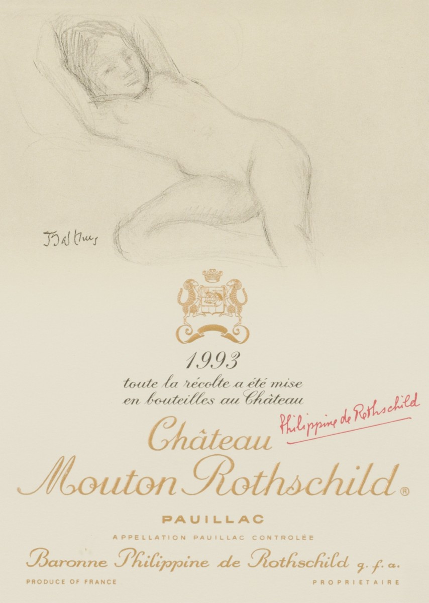 Naar Balthus (pseudoniem voor Graaf Balthasar Klossowski dr Rola (1908 - 2001)), een ontwerp voor wijnetiket Mouton Rothschild. 1993.