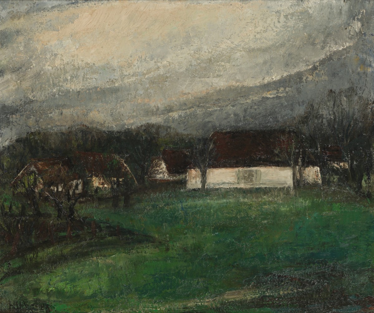 Henriëtte Pessers (Tilburg 1899 - 1986), Gezicht op een witte hoeve in een landschap.