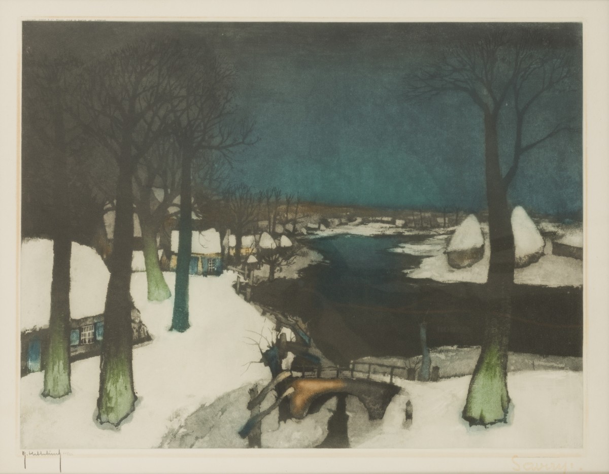 Roger Hebbelinck (Brussel 1912 - 1987) - Naar Albert Saverys (Deinze (België) 1886-1964 Petegem-aan-de-Leie (België)) - Rivierlandschap in winter.