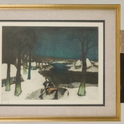 Roger Hebbelinck (Brussel 1912 - 1987) - Naar Albert Saverys (Deinze (België) 1886-1964 Petegem-aan-de-Leie (België)) - Rivierlandschap in winter.