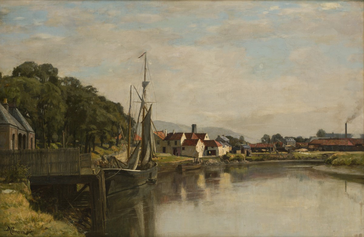 David Young Cameron (Glasgow 1865 - 1945 Perth)(toegeschreven aan) - Een afgemeerd scheepje bij een dorpje aan een rivier.