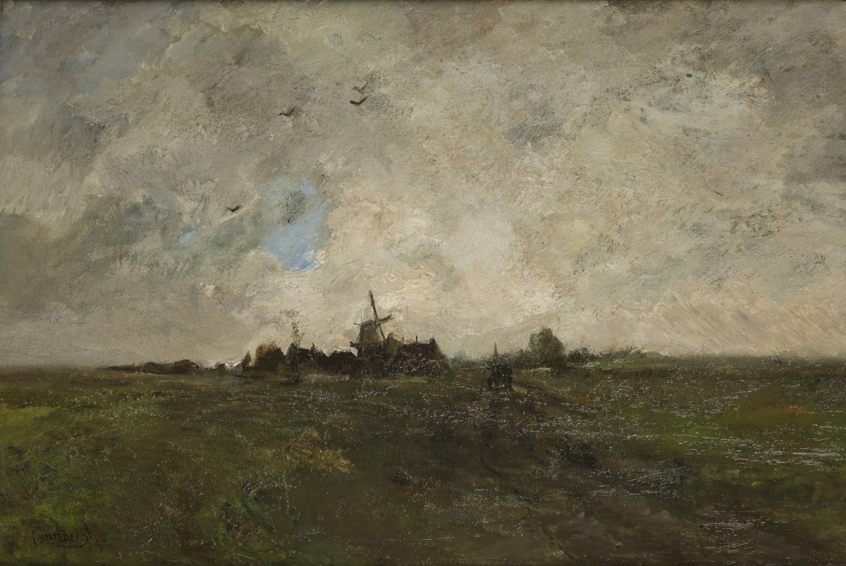 "Pieter" Annanius van den Berg (Den Haag 1865 - 1950) - Molen onder een wolkenlucht.