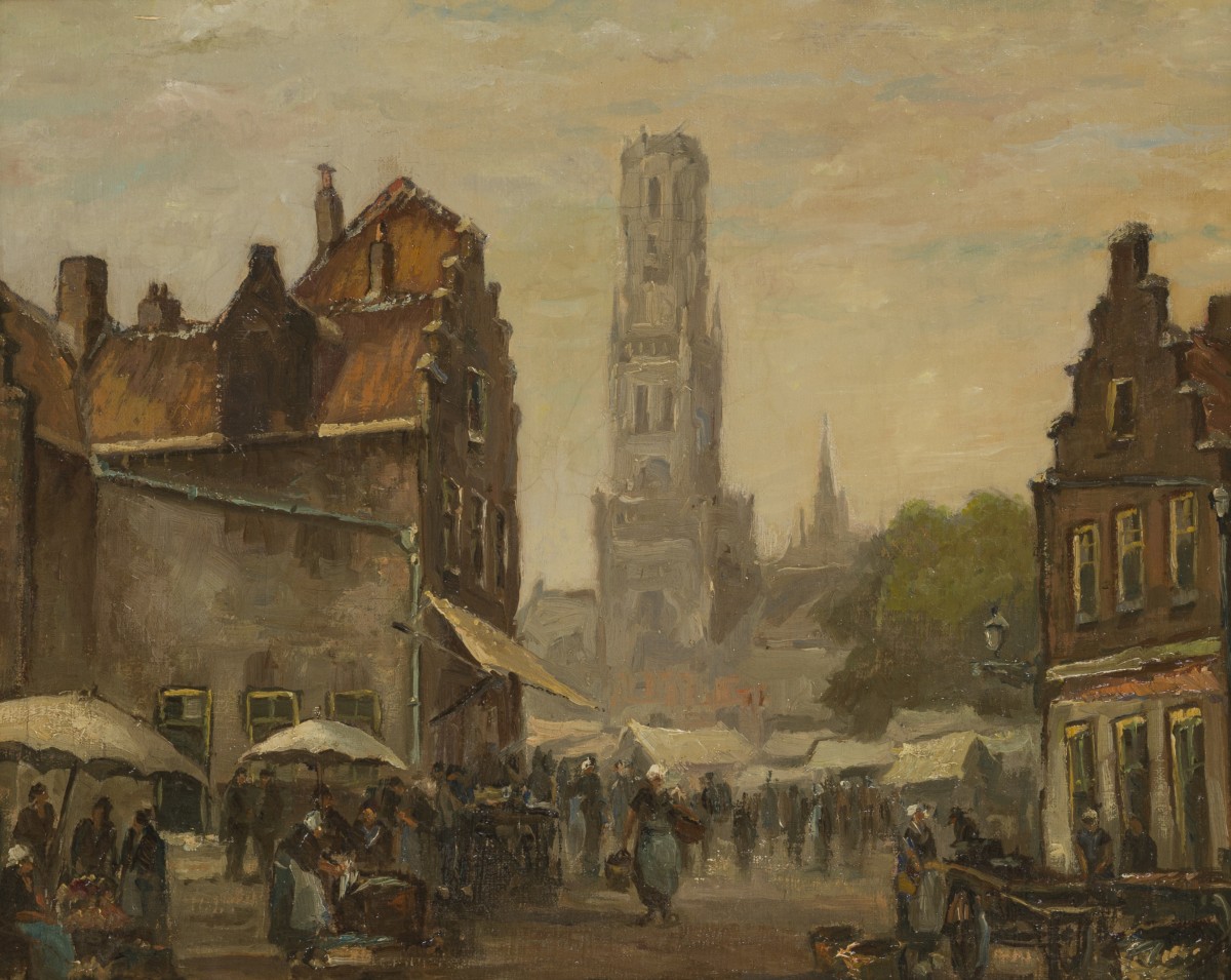 Gerard Wiegman (Rotterdam 1875 - 1994 Schiedam) - Een markt op een stadsplein met de Belfort van Brugge.