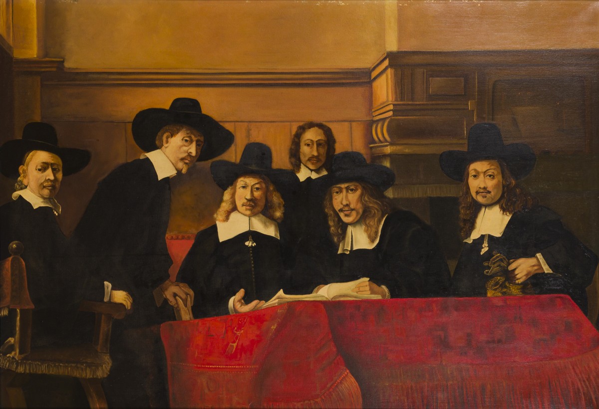 Naar Rembrandt Harmensz. van Rijn (Leiden 1606 - 1669 Amsterdam), De Staalmeesters.