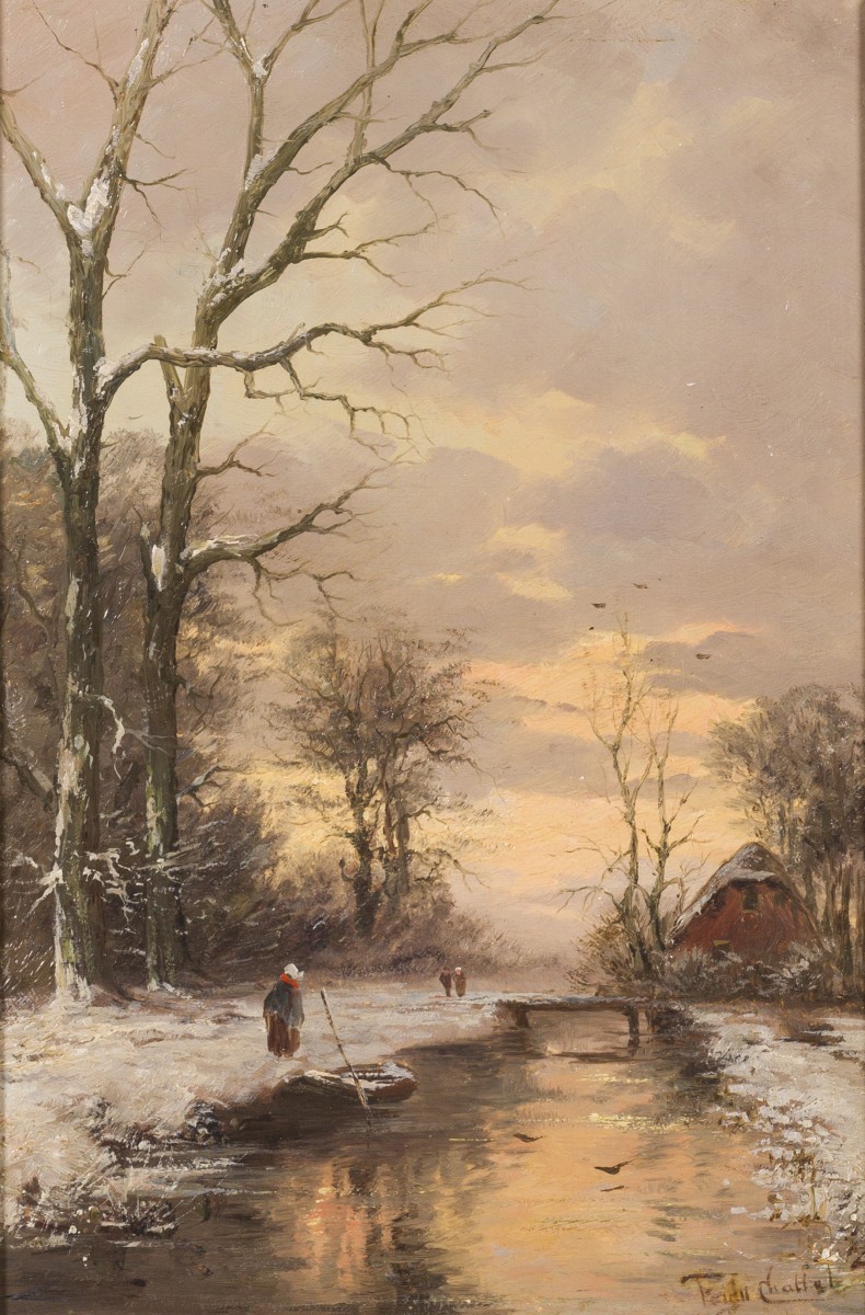 Frederik van Rossum Du Chattel (Leiden 1856 - 1917 Yokohama, Japan) - (toegeschreven aan), Riviergezichtje in de Vechtstreek in winter.