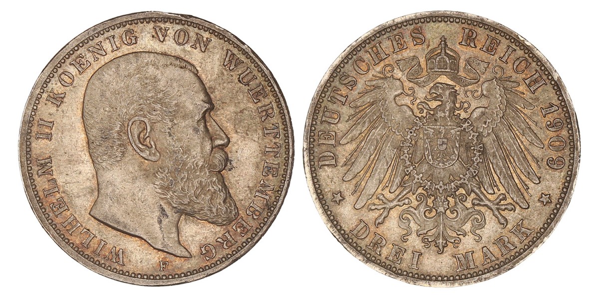 German states. Württemberg. Wilhelm II. 3 Mark. 1909 F.