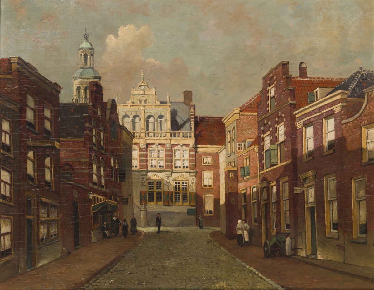 Naar J.C.K. Klinkenberg (Den Haag 1852 - 1924), Stadsgezicht met figuren en raadhuis.