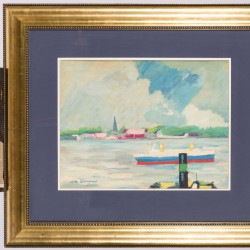 Gesigneerd "Van Dongen", Schepen op de rivier nabij Rotterdam.
