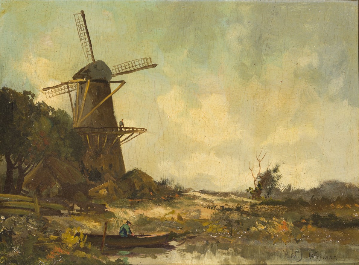 Hollandse School, 20e eeuw. Een molen in een landschap; Een boerderij in een polderlandschap. (2x)