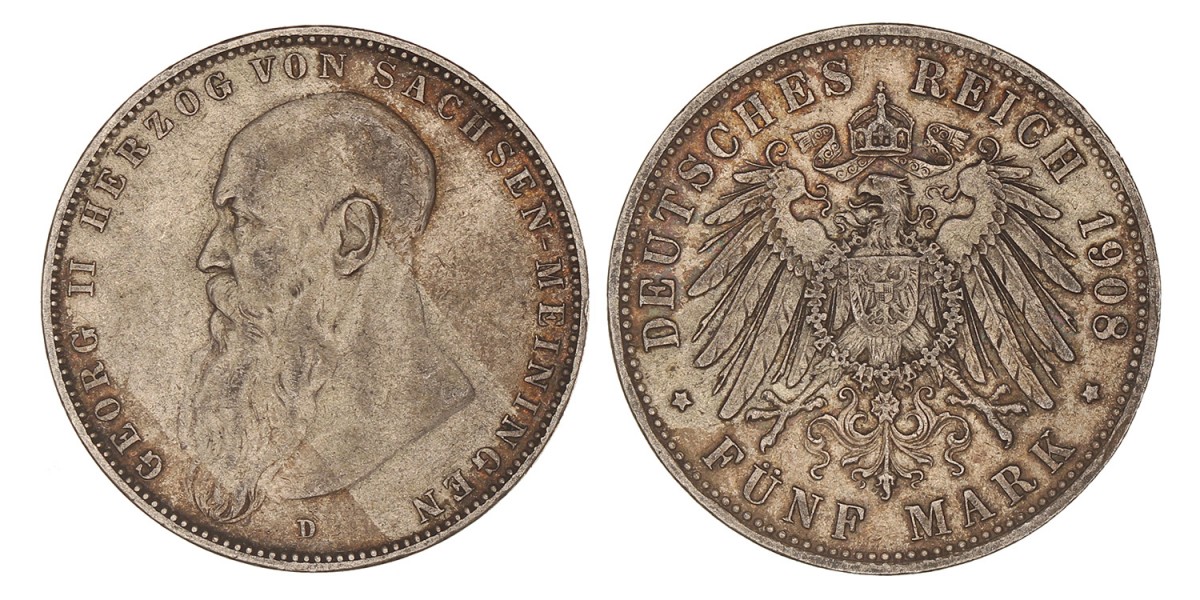 German states. Saxe-Meiningen. Georg II. 5 Mark. 1908 D.