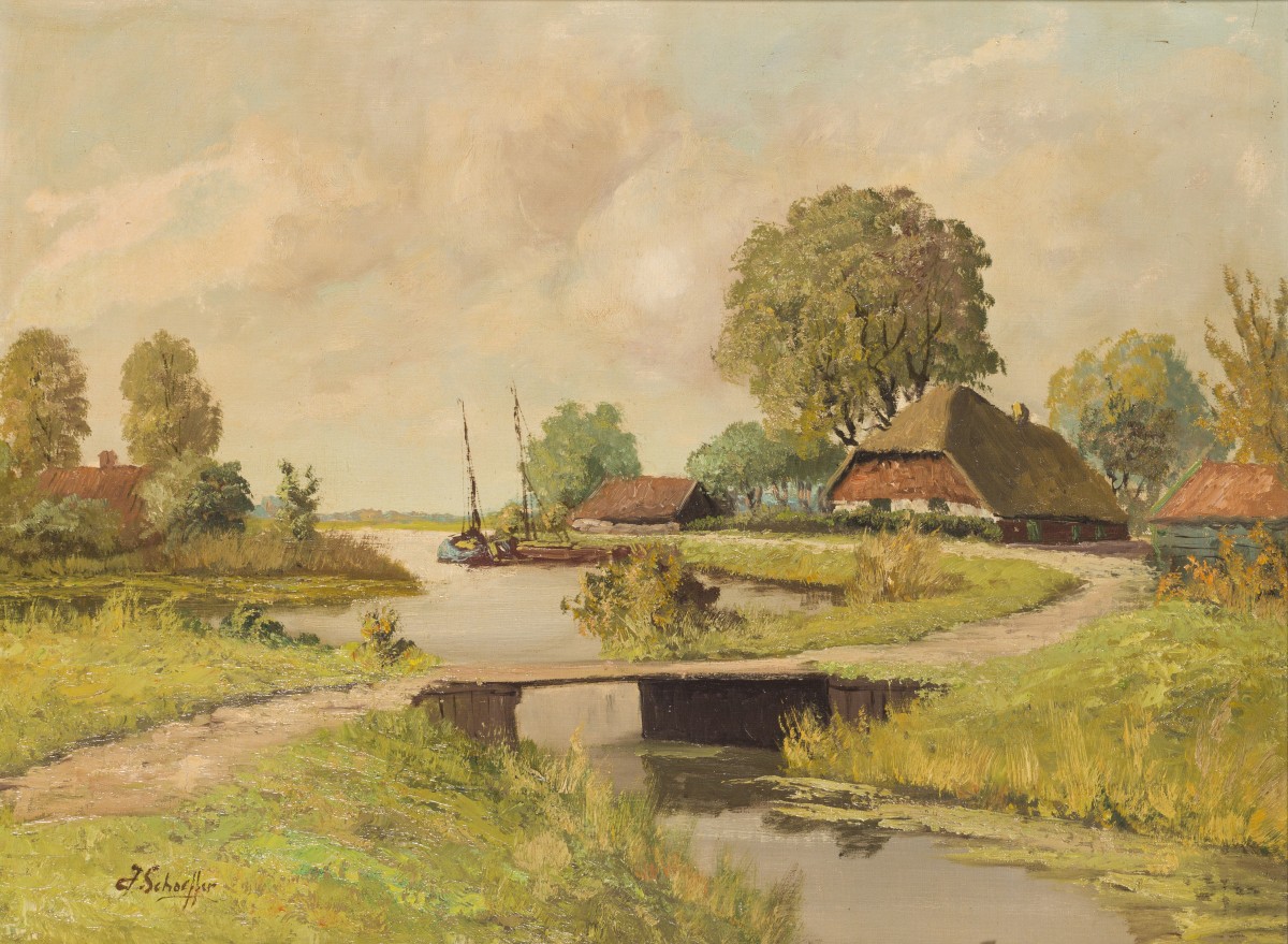 Jan Schaeffer (Rotterdam 1923 - 2018), Rivierlandschap met boerenhoeves.